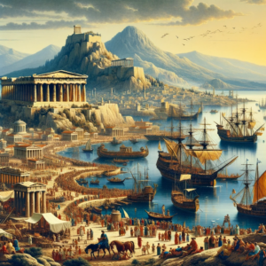 Photo of ancient Greece landscape with ships in the port of Piraeus