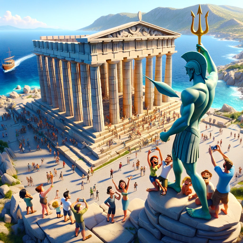 Temple of Poseidon with Poseidon statue