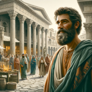 DALL·E 2023 11 24 10.59.57 An artistic depiction of the Apostle Paul in ancient Corinth as described in the Bible. Paul is shown as a middle aged man with a beard wearing trad