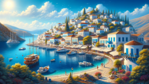 DALL·E 2023 11 26 16.14.07 A realistic image of Hydra island and its port on a summers day. The scene includes a vivid blue sky the sun shining brightly and the clear turquoi