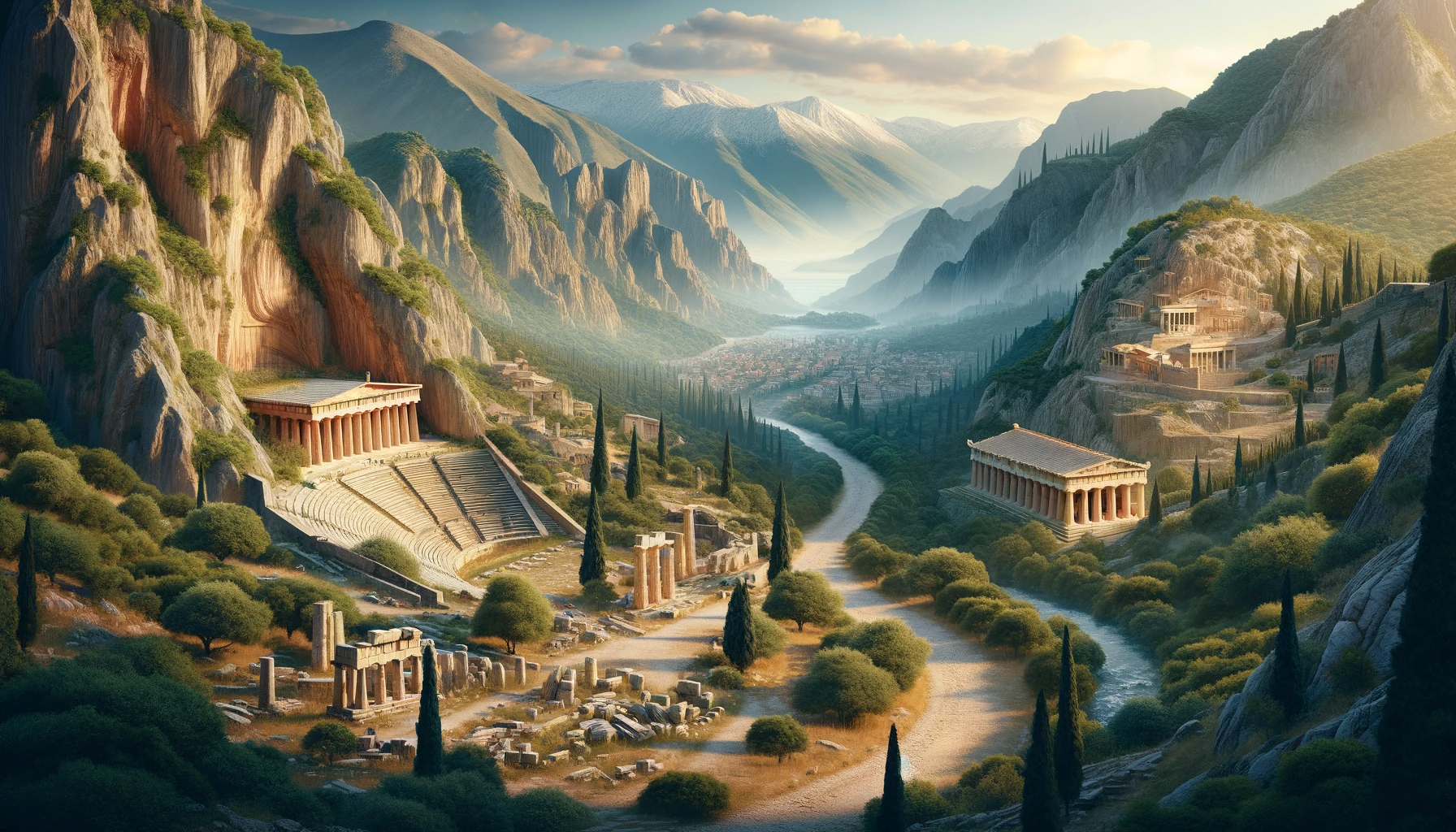 DALL·E 2023 11 26 16.44.23 A realistic and detailed image of Delphi and Thermopylae in Greece. The scene should include the ancient ruins of Delphi with its famous theater and t 1