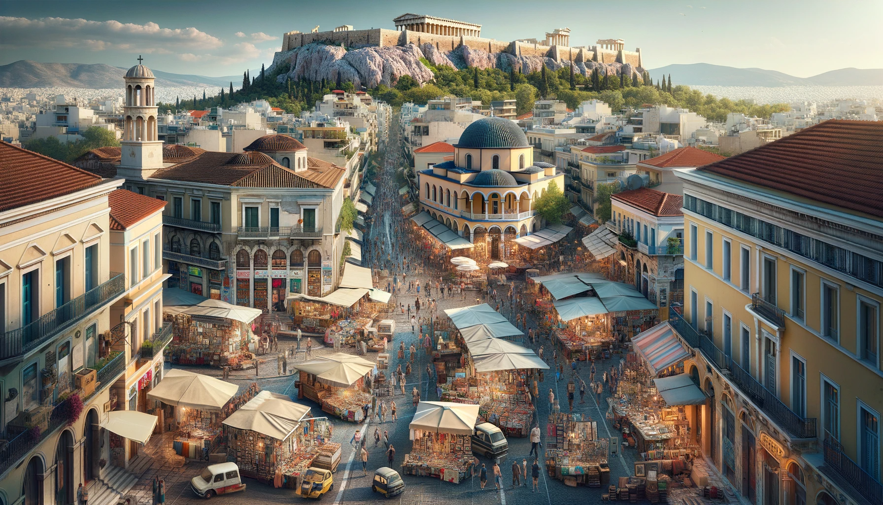 DALL·E 2023 11 26 22.32.37 An ultra ultra realistic image of the Monastiraki area in Athens Greece capturing its bustling and historic charm. The scene includes the famous Mon