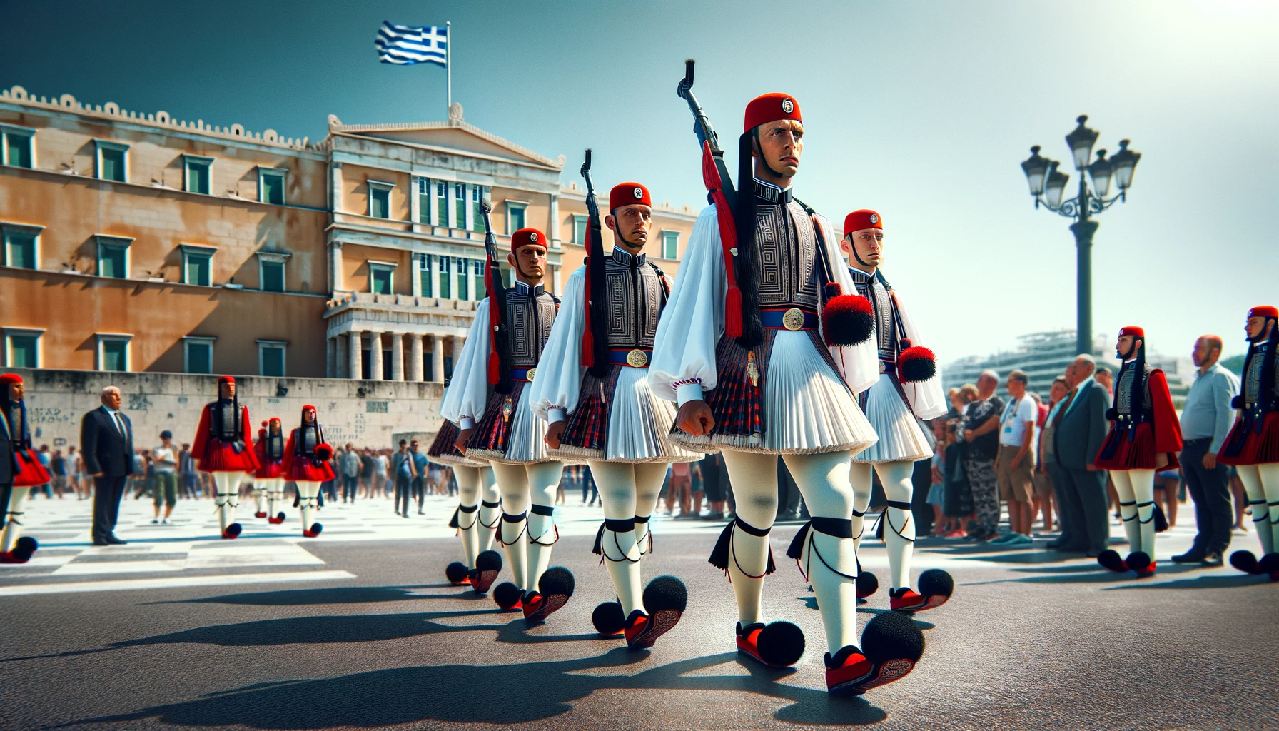 DALL·E 2023 11 26 23.01.08 An ultra realistic image of the Evzones the elite Greek presidential guard in Syntagma Square Athens. The scene shows the traditionally dressed Evz