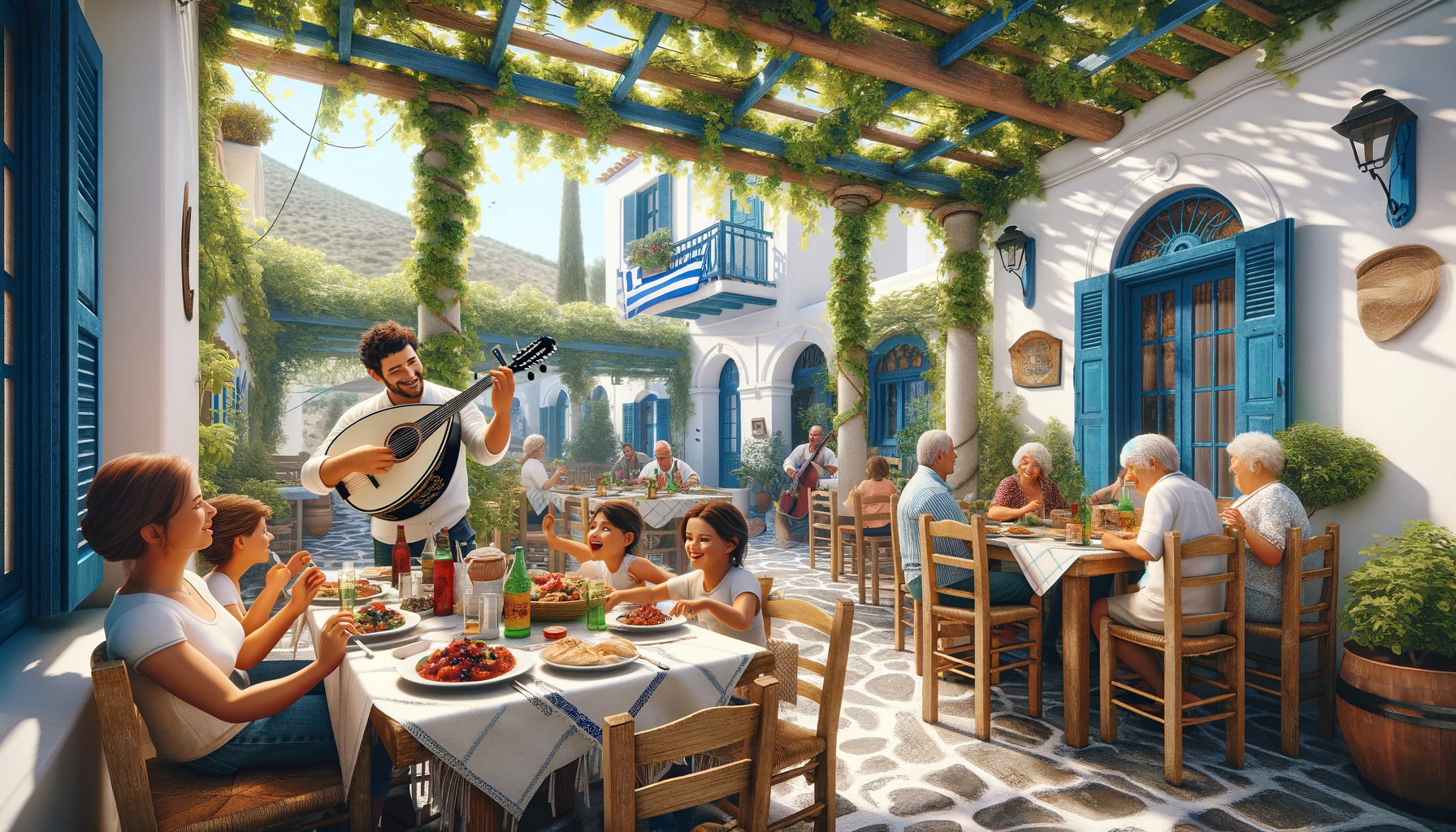 DALL·E 2023 11 26 23.13.58 An ultra realistic image of an authentic Greek taverna complete with a bouzouki player and band. The scene is set outdoors under a vine covered perg